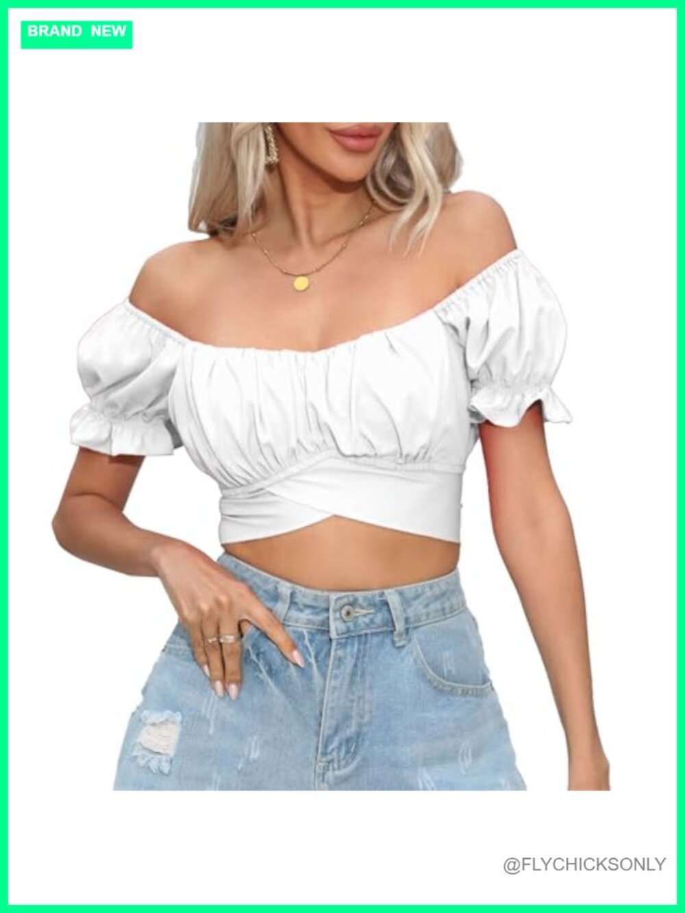 Women's Ruffle Short Sleeve Tie Back Off Shoulder Crop Top Blouse